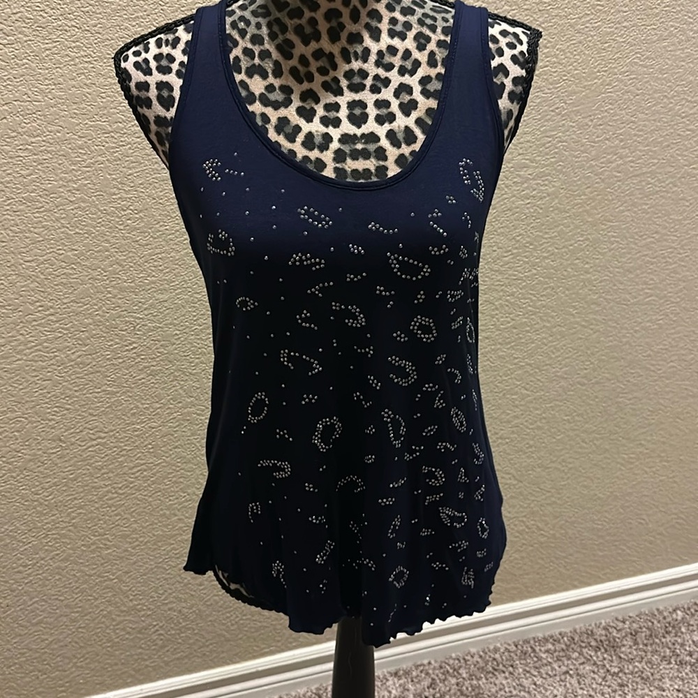 Women’s navy blue tank top with bling leopard decor, racer back, size M